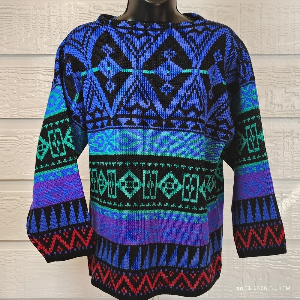 VINTAGE CROQUET CLUB Womens Small Geometric Colorful Crew Neck‎ Sweater 80s/90s
